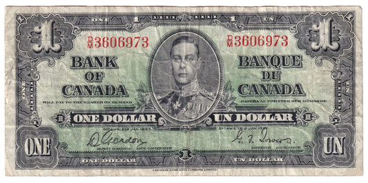BC-21c 1937 Canada $1 Gordon-Towers, D/M, F-VF (F15)