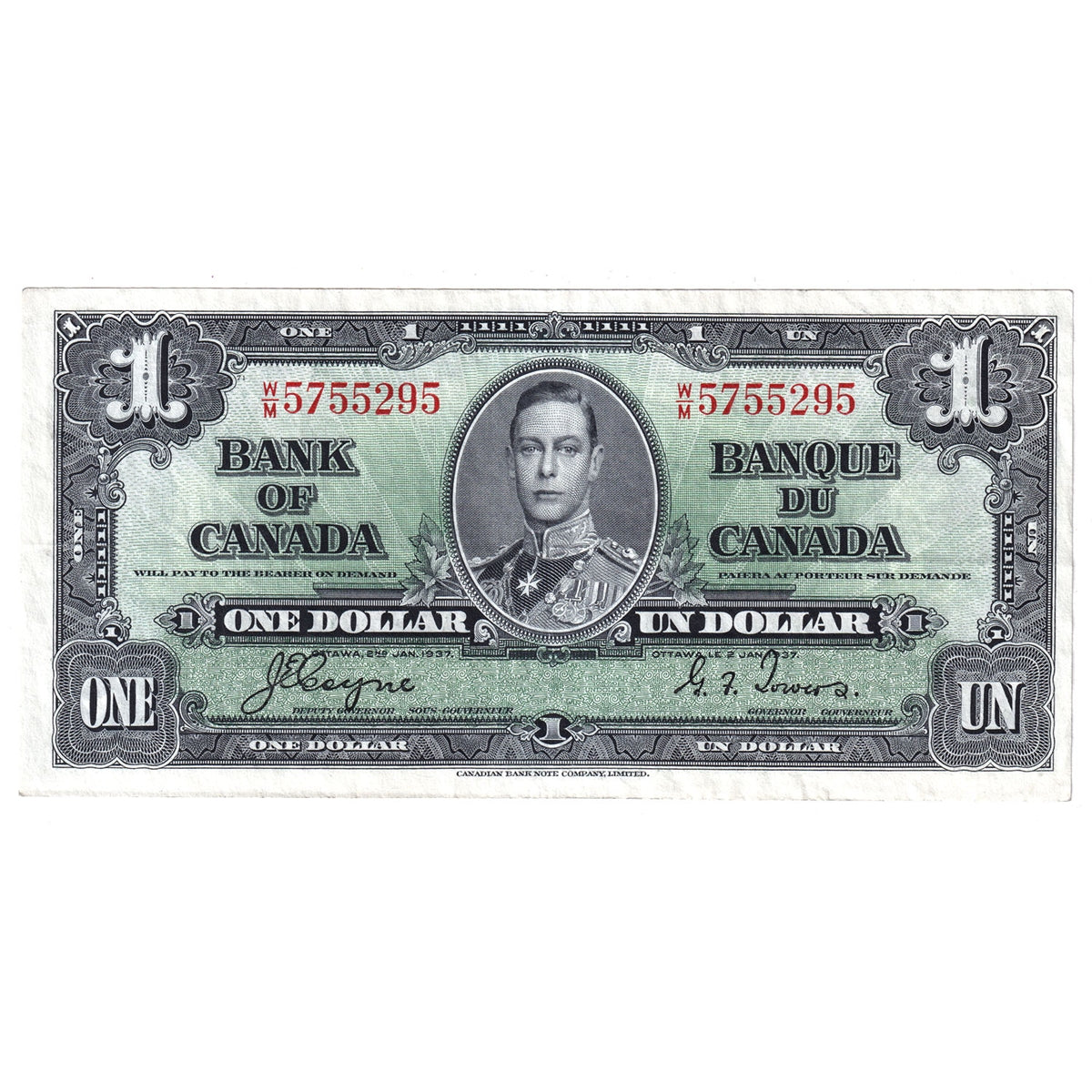 BC-21d 1937 Canada $1 Coyne-Towers, W/M, Extra Fine (EF40)