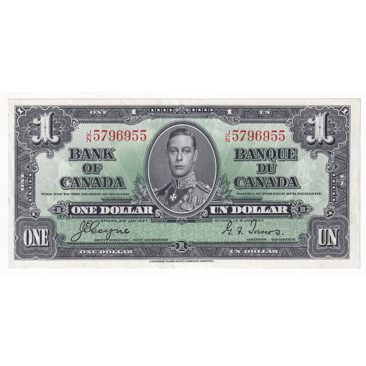 BC-21d 1937 Canada $1 Coyne-Towers, J/N, Almost Uncirculated (AU50)