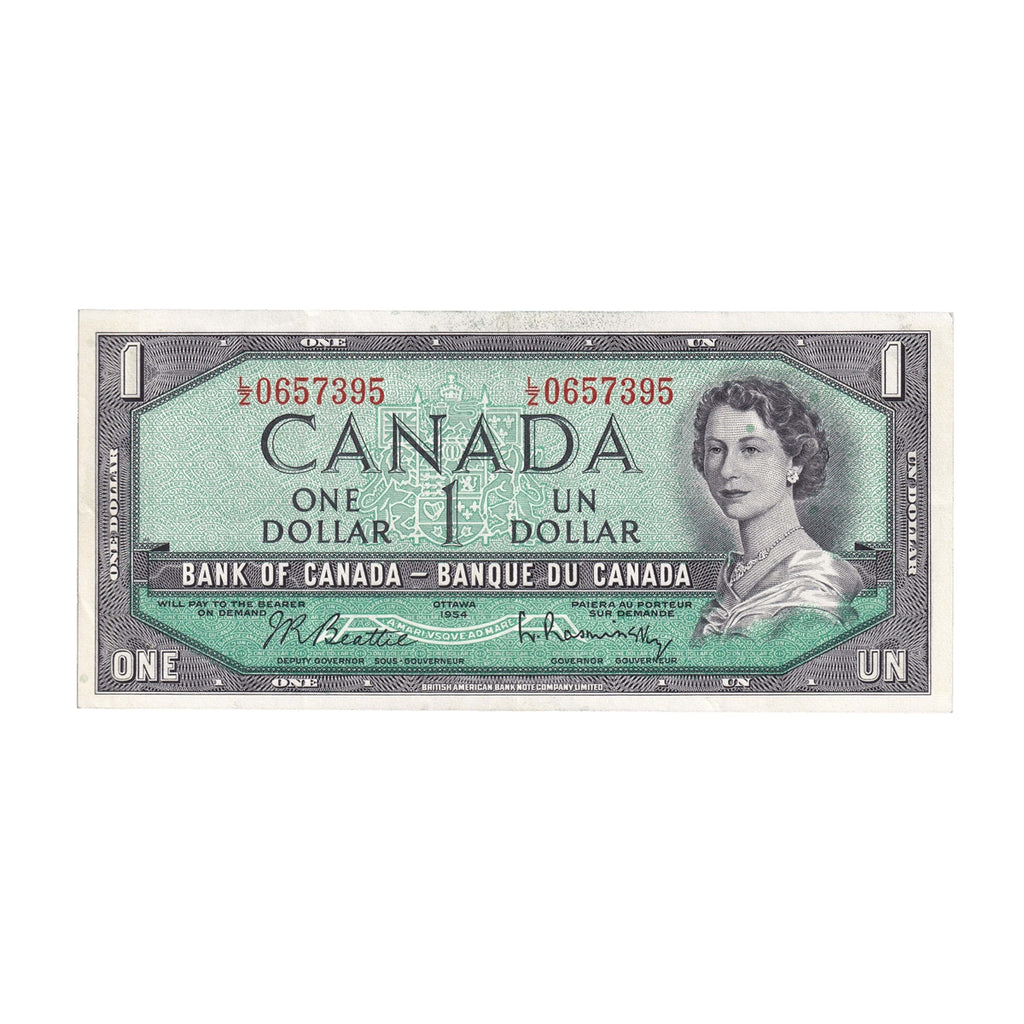 BC-37b-i 1954 Canada $1 Beattie-Rasminsky, L/Z, Extra Fine (EF40)