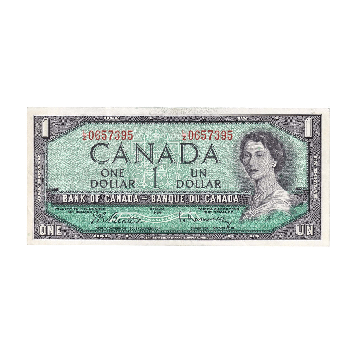 BC-37b-i 1954 Canada $1 Beattie-Rasminsky, L/Z, Extra Fine (EF40)