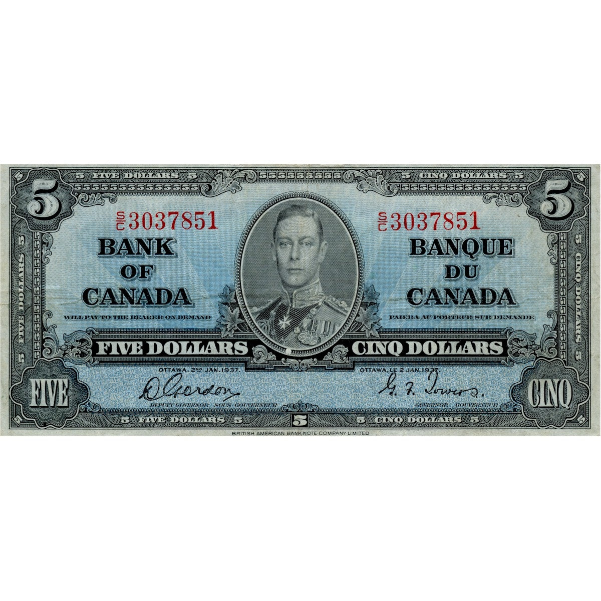 BC-23b 1937 Canada $5 Gordon-Towers, S/C, Fine (F12)