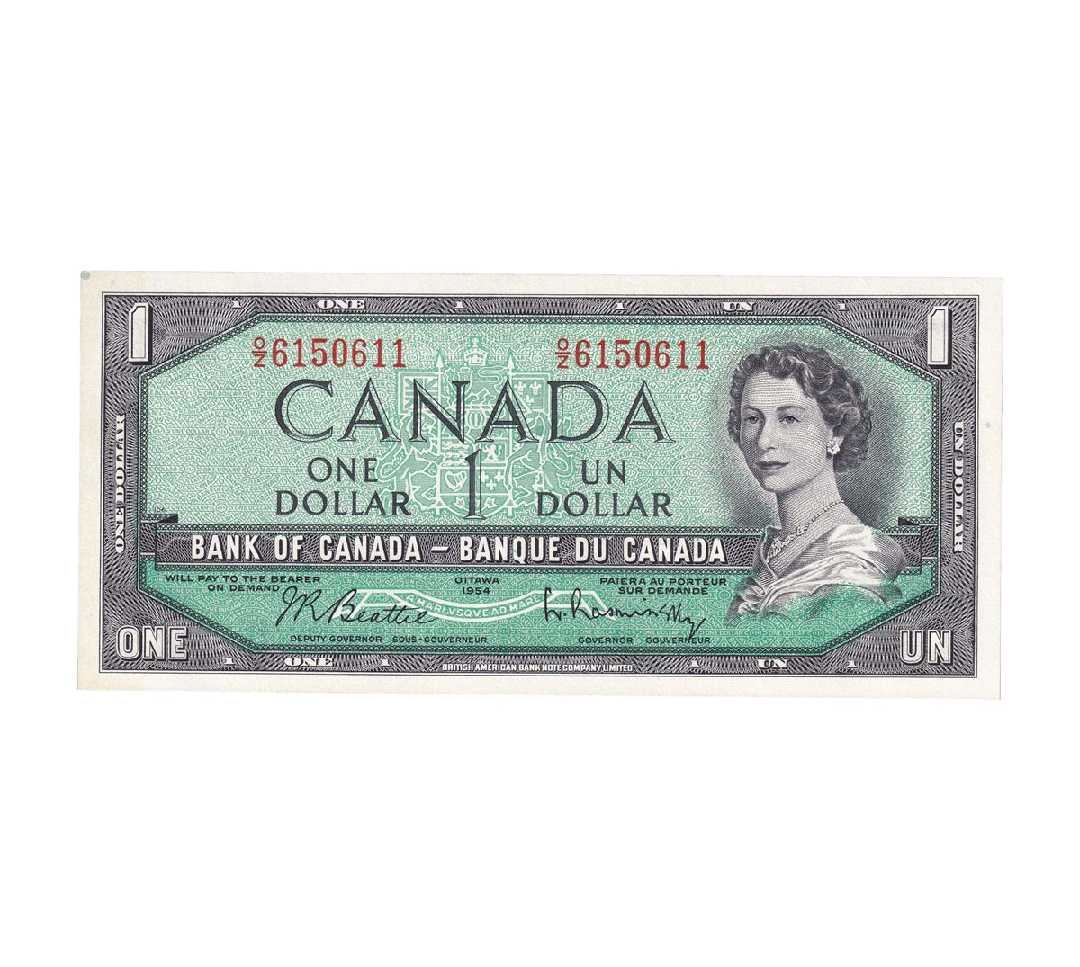 BC-37b-i 1954 Canada $1 Beattie-Rasminsky, O/Z, Choice Uncirculated (CUNC63)