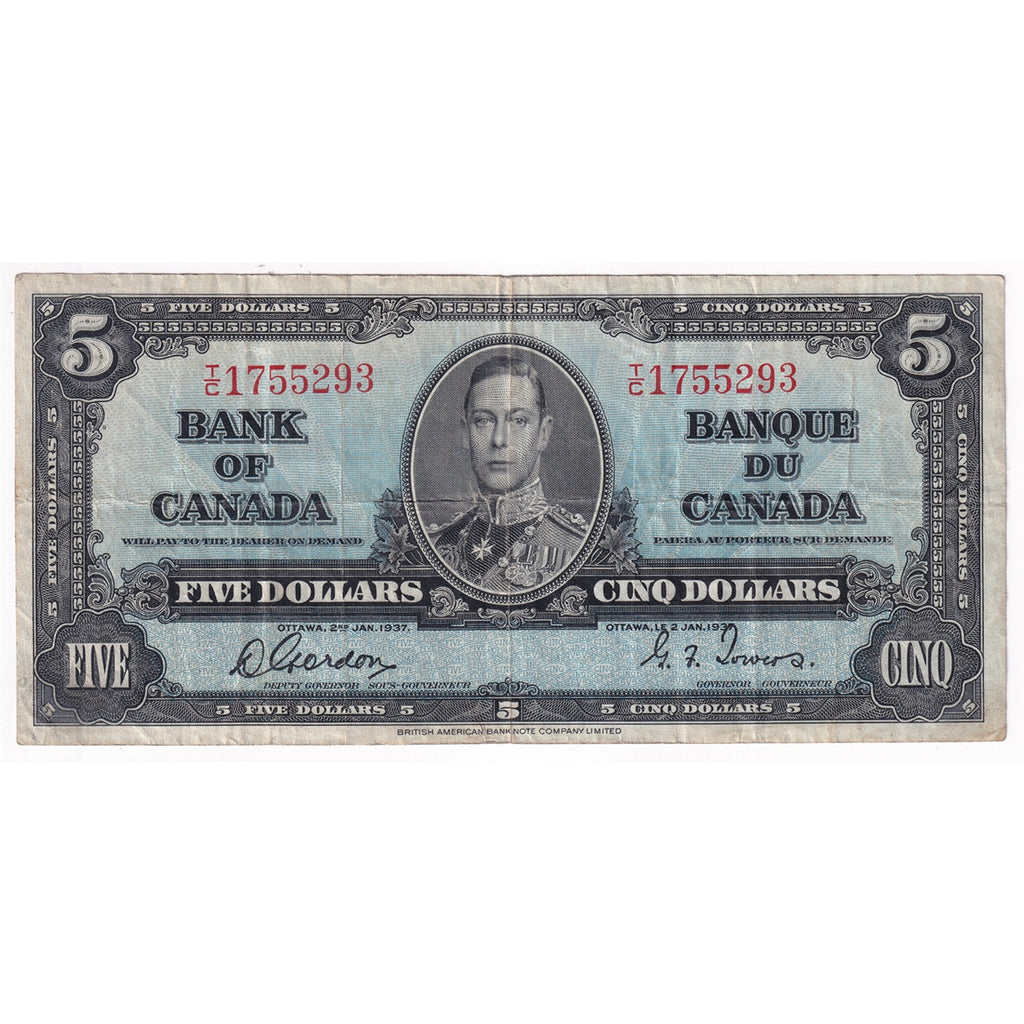 BC-23b 1937 Canada $5 Gordon-Towers, T/C, F-VF (F15)