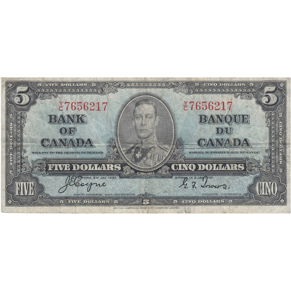 BC-23c 1937 Canada $5 Coyne-Towers, Y/C, F-VF (F15)