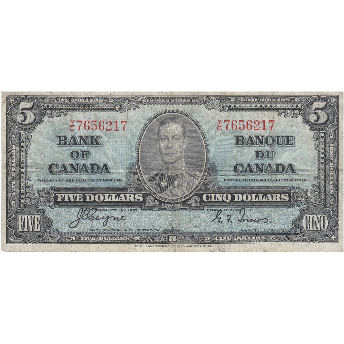 BC-23c 1937 Canada $5 Coyne-Towers, Y/C, F-VF (F15)