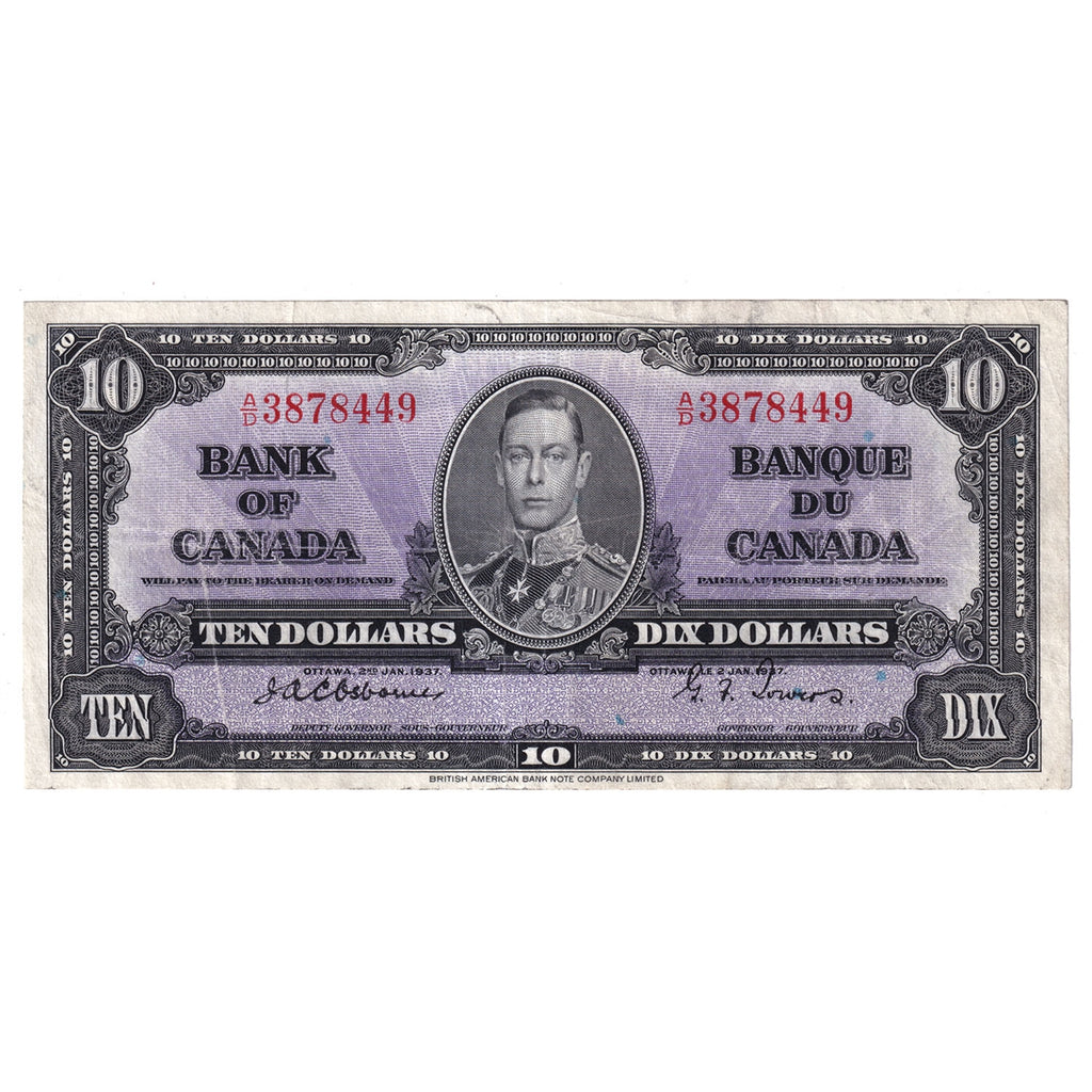 BC-24a 1937 Canada $10 Osborne-Towers, A/D, Very Fine (VF20)