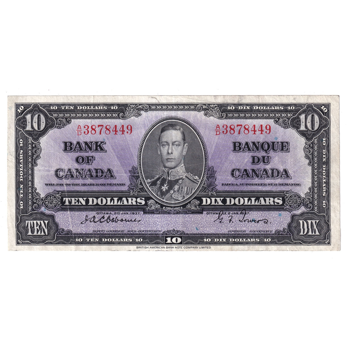 BC-24a 1937 Canada $10 Osborne-Towers, A/D, Very Fine (VF20)