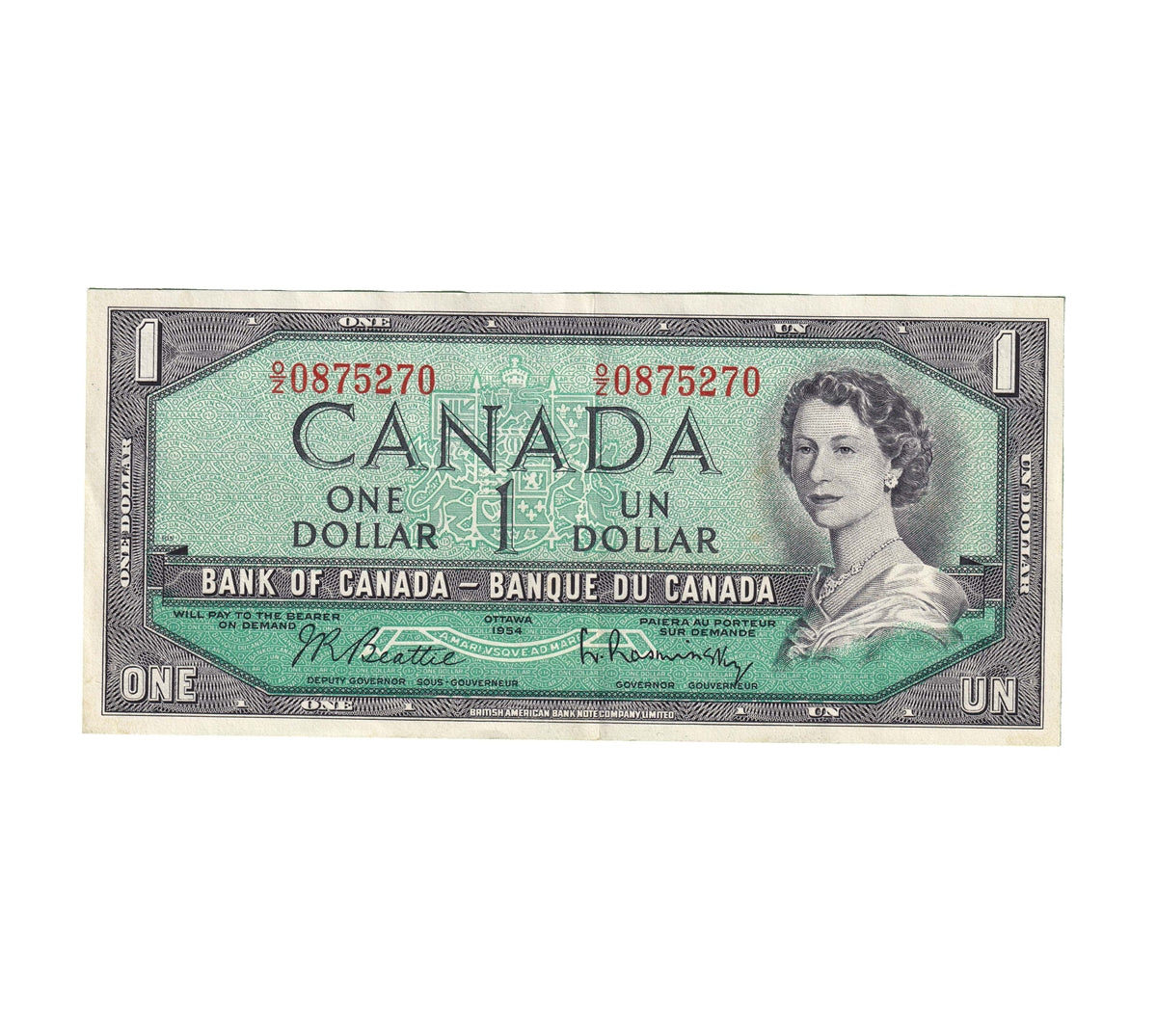 BC-37b-i 1954 Canada $1 Beattie-Rasminsky, O/Z, EF-AU (EF45)