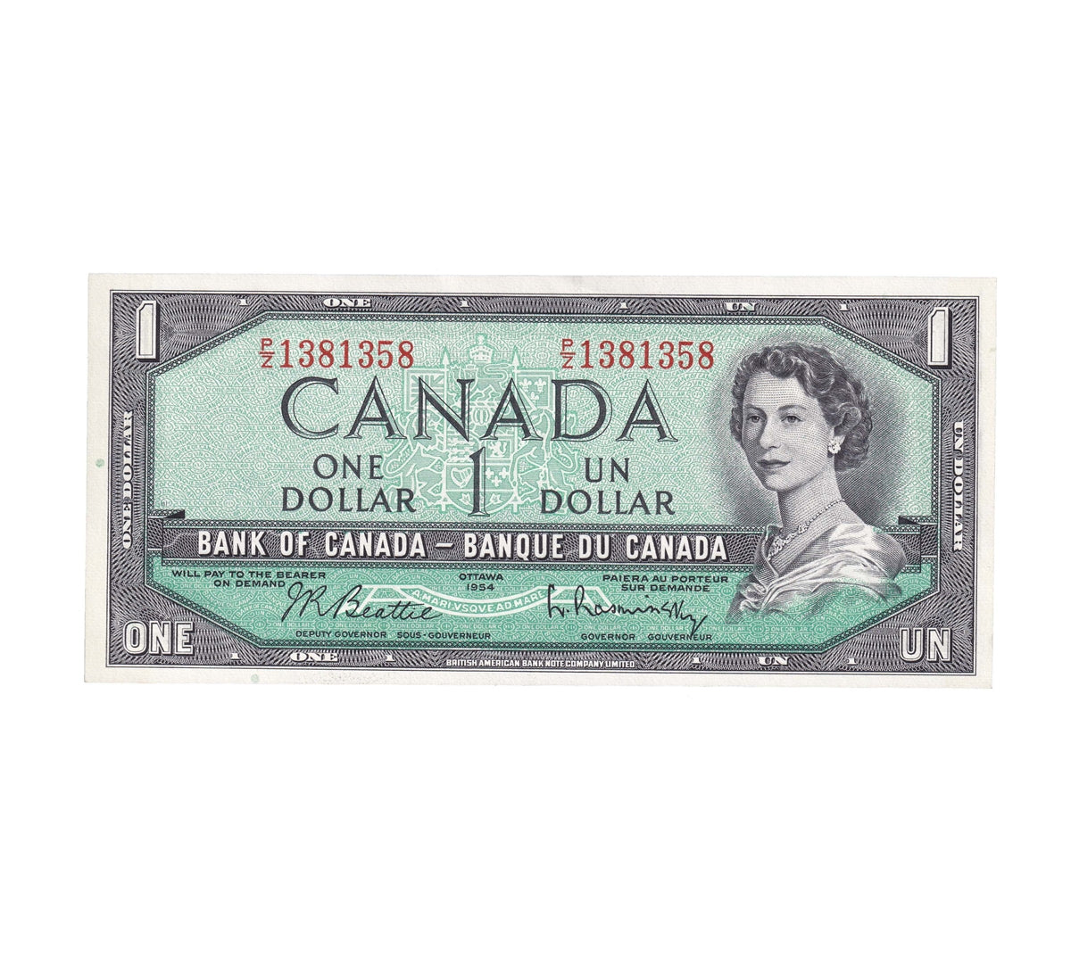 BC-37b-i 1954 Canada $1 Beattie-Rasminsky, P/Z, Uncirculated (MS60)