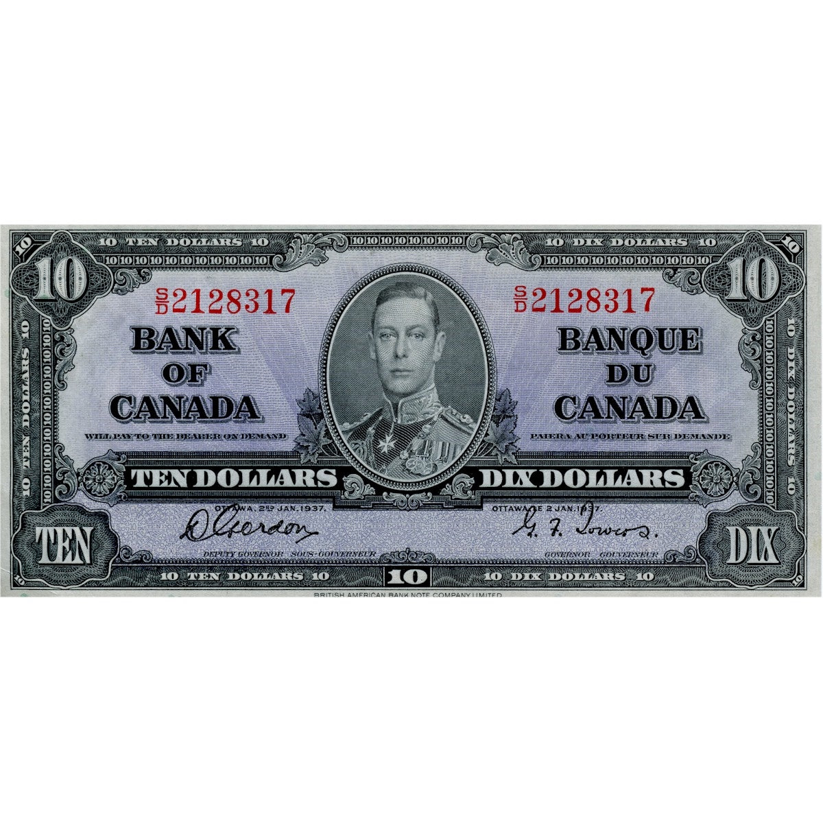 BC-24b 1937 Canada $10 Gordon-Towers, S/D, Extra Fine (EF40)