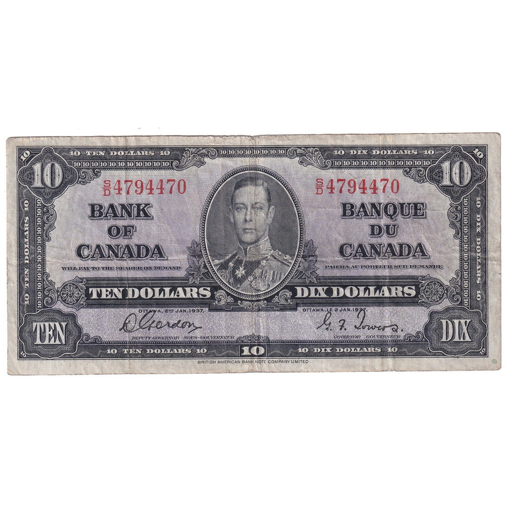 BC-24b 1937 Canada $10 Gordon-Towers, S/D, VG-F (VG10)