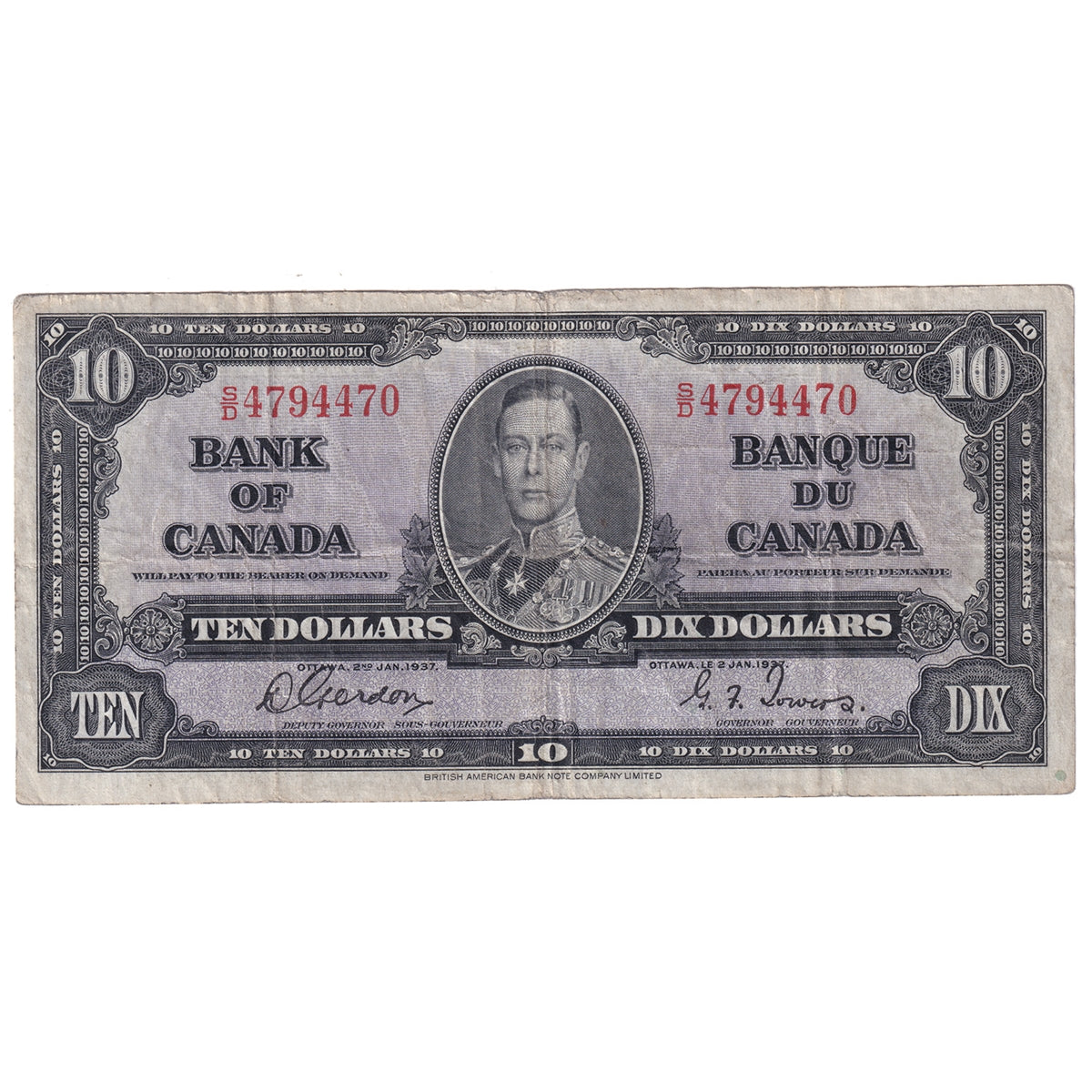 BC-24b 1937 Canada $10 Gordon-Towers, S/D, VG-F (VG10)