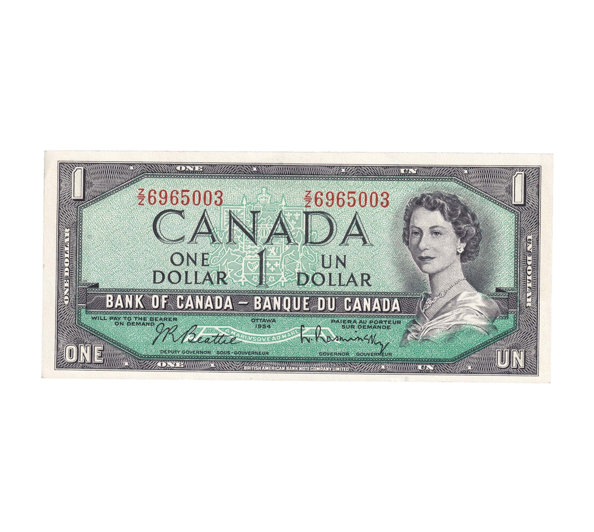 BC-37b-i 1954 Canada $1 Beattie-Rasminsky, Z/Z, AU-UNC (AU55)