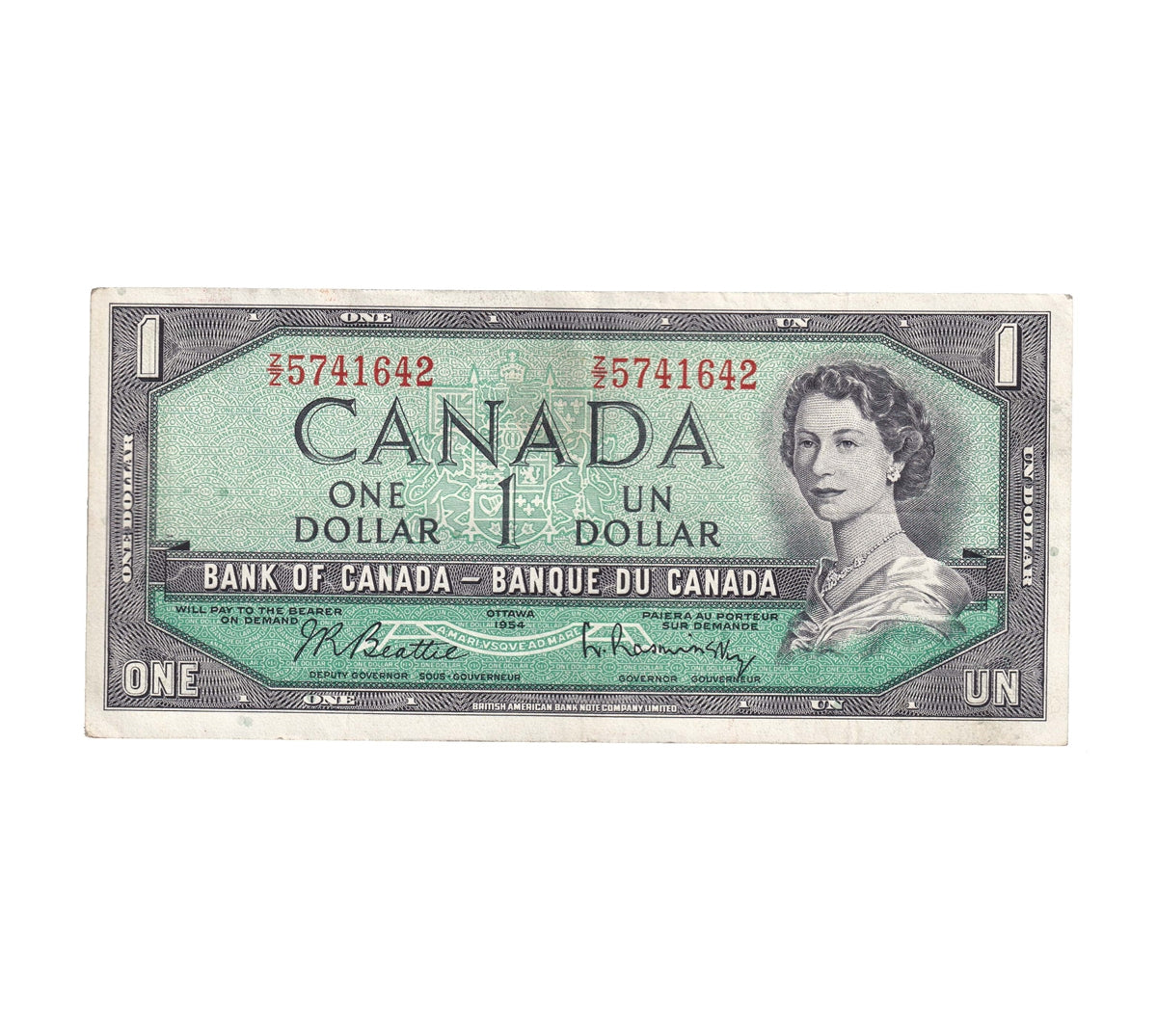 BC-37b-i 1954 Canada $1 Beattie-Rasminsky, Z/Z, Extra Fine (EF40)