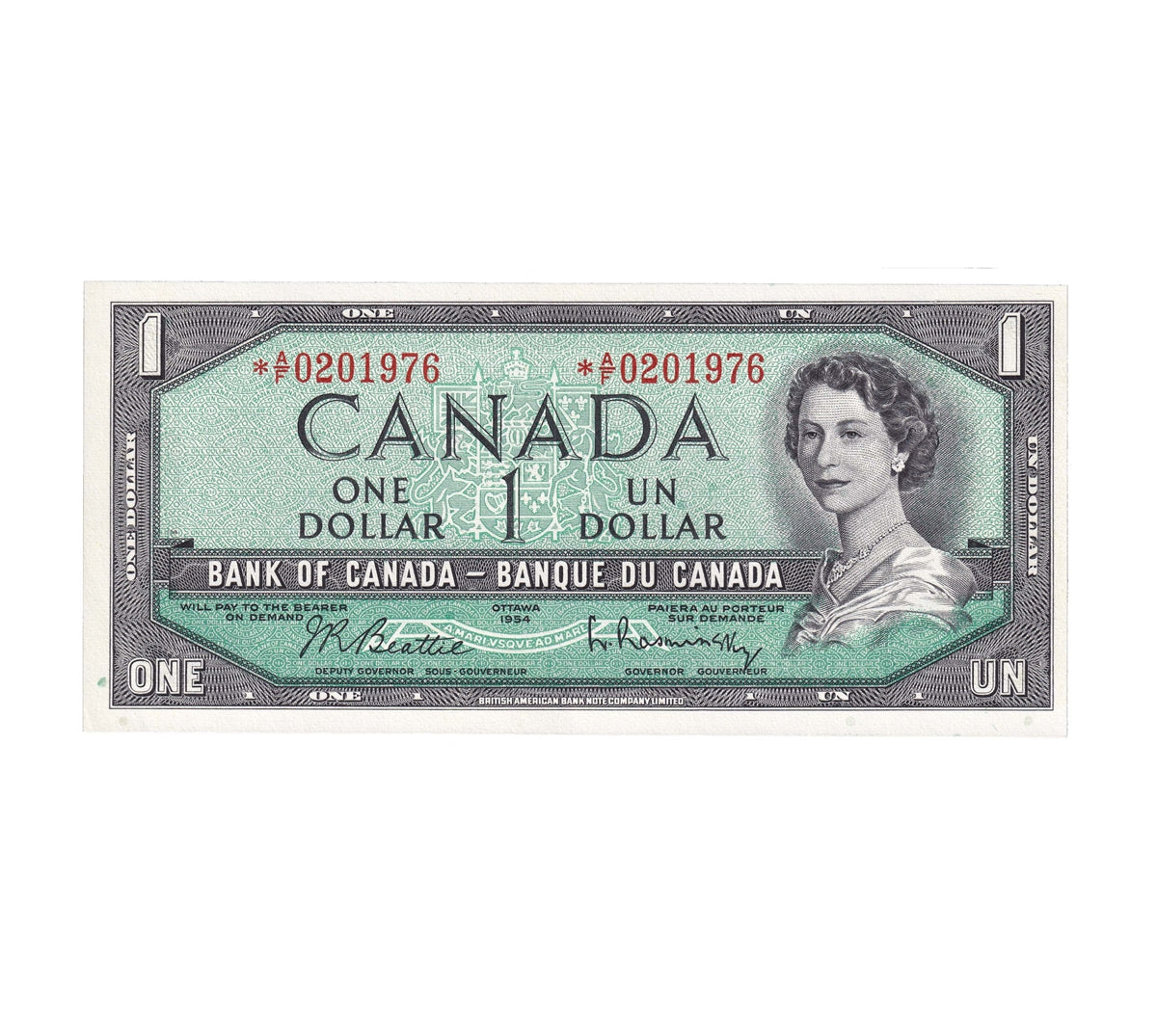 BC-37bA-i 1954 Canada $1 Beattie-Rasminsky, *A/F, Choice Uncirculated (CUNC63)