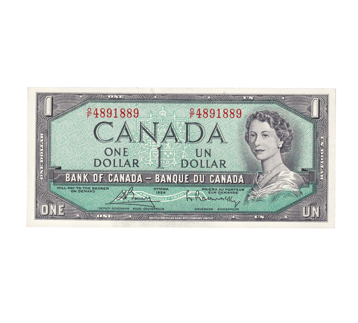 BC-37c 1954 Canada $1 Bouey-Rasminsky, O/F, AU-UNC (AU55)