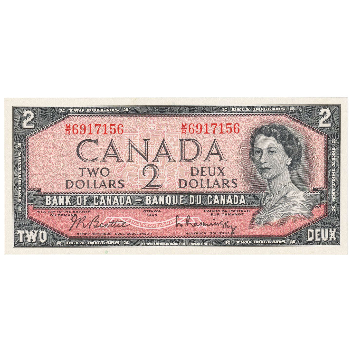 BC-38b 1954 Canada $2 Beattie-Rasminsky, M/R, Choice Uncirculated (CUNC63)