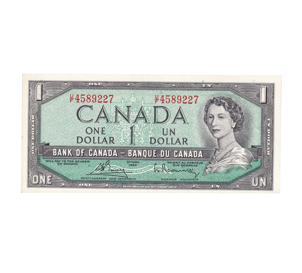 BC-37c 1954 Canada $1 Bouey-Rasminsky, U/F, EF-AU (EF45)