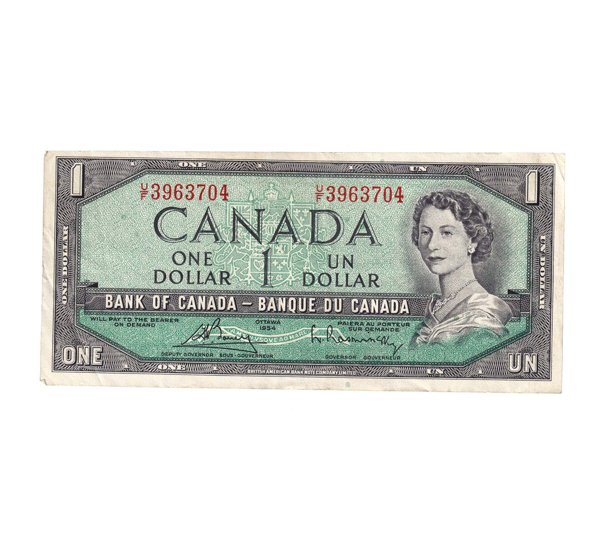 BC-37c 1954 Canada $1 Bouey-Rasminsky, U/F, Extra Fine (EF40)