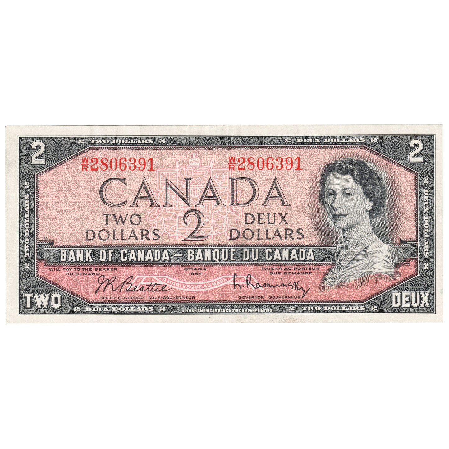BC-38b 1954 Canada $2 Beattie-Rasminsky, W/R, VF-EF (VF30)