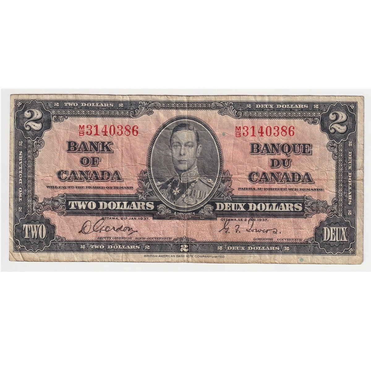 BC-22b 1937 Canada $2 Gordon-Towers, M/B, Fine (F12)