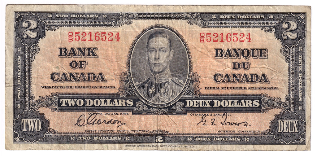 BC-22b 1937 Canada $2 Gordon-Towers, O/B, VG-F (VG10)