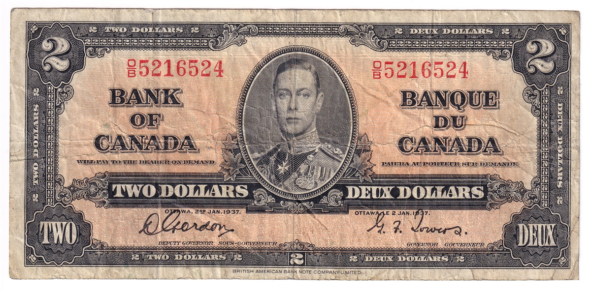 BC-22b 1937 Canada $2 Gordon-Towers, O/B, VG-F (VG10)