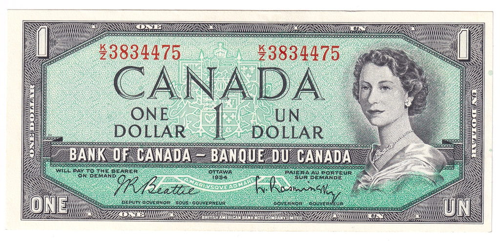 BC-37b-i 1954 Canada $1 Beattie-Rasminsky, K/Z, Extra Fine (EF40)