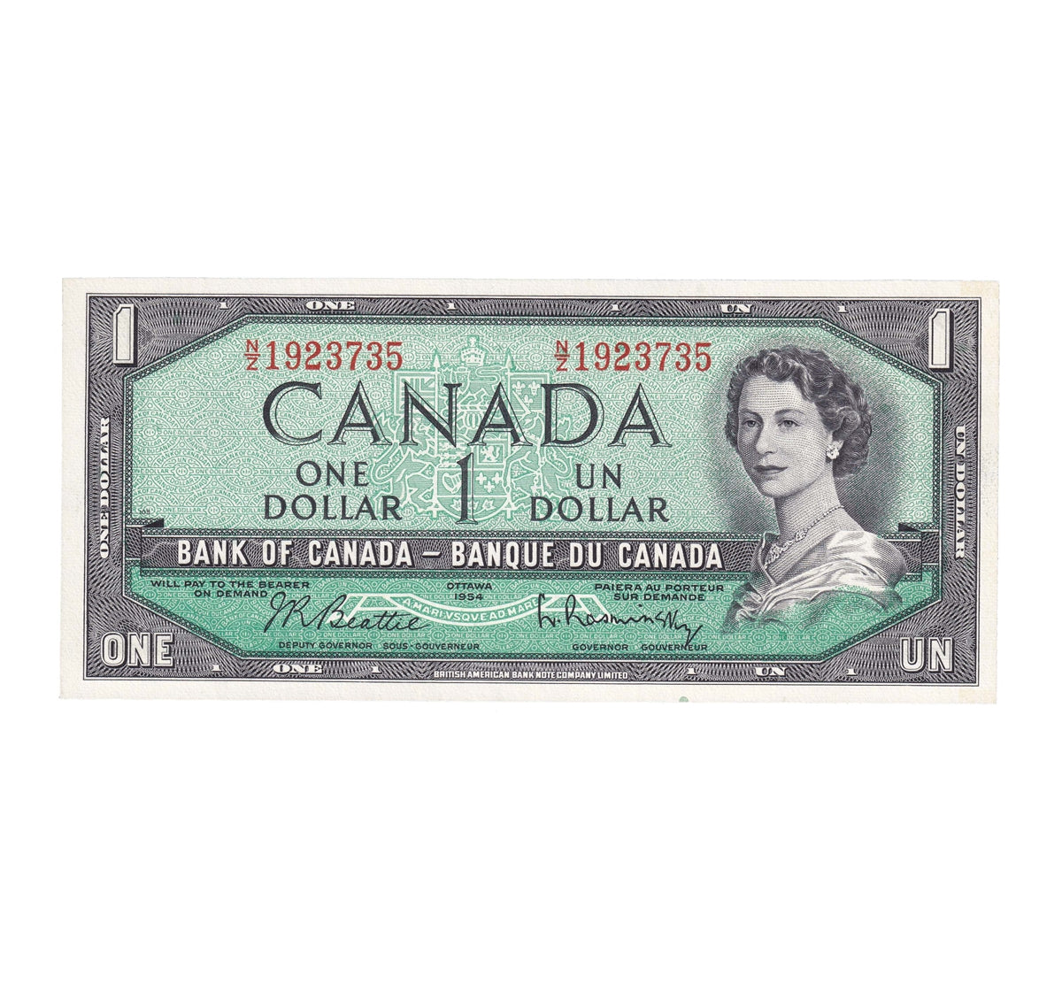 BC-37b-i 1954 Canada $1 Beattie-Rasminsky, N/Z, Choice Uncirculated (CUNC63)