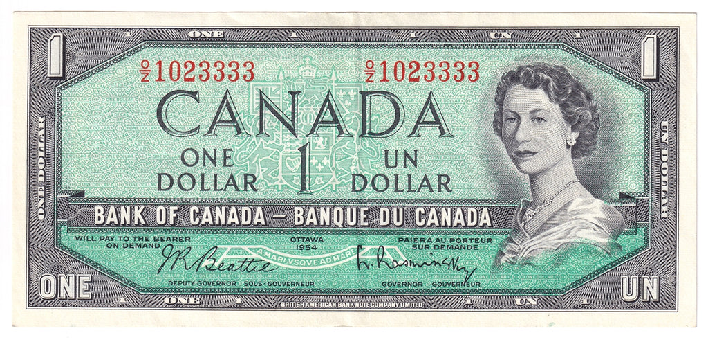 BC-37b 1954 Canada $1 Beattie-Rasminsky, O/Z, Extra Fine (EF40)