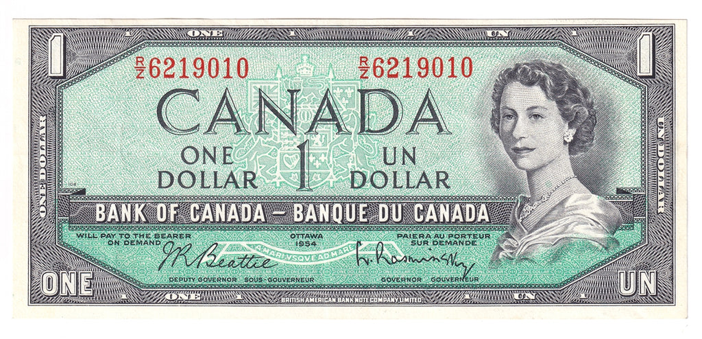 BC-37b 1954 Canada $1 Beattie-Rasminsky, R/Z, Extra Fine (EF40)