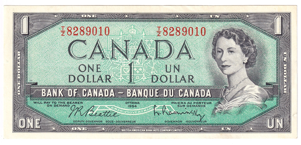 BC-37b-i 1954 Canada $1 Beattie-Rasminsky, T/Z, Extra Fine (EF40)