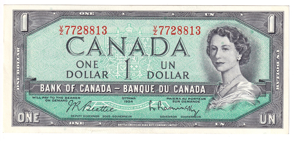 BC-37b-i 1954 Canada $1 Beattie-Rasminsky, V/Z, AU-UNC (AU55)