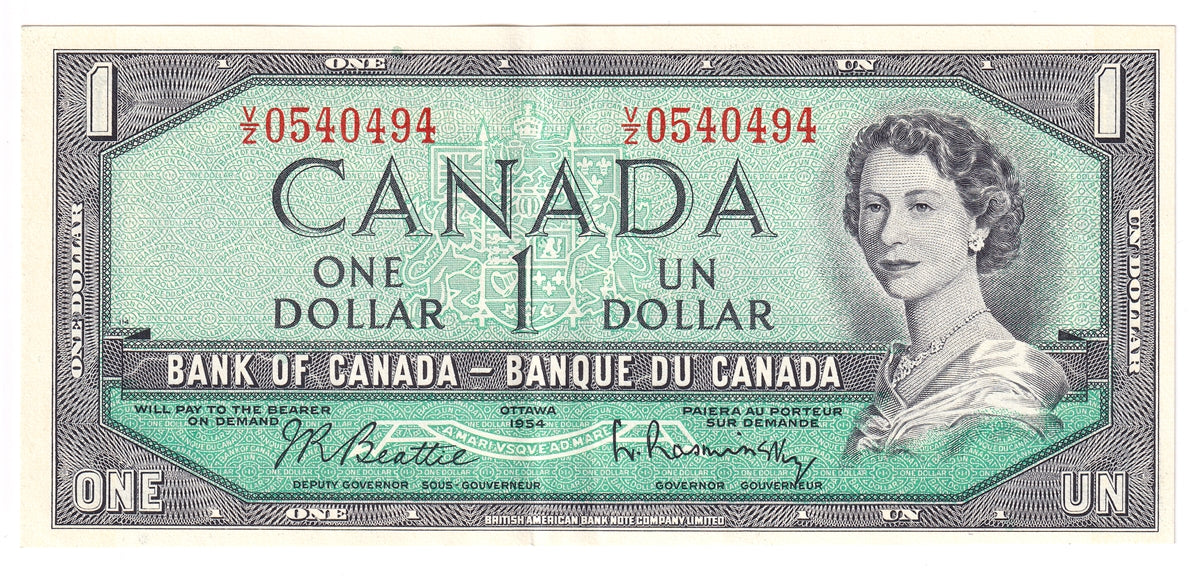 BC-37b-i 1954 Canada $1 Beattie-Rasminsky, V/Z, Extra Fine (EF40)