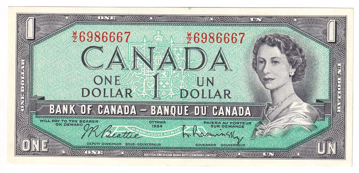 BC-37b-i 1954 Canada $1 Beattie-Rasminsky, W/Z, EF-AU (EF45)