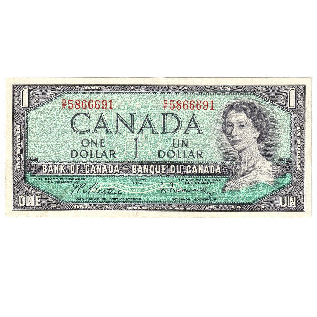 BC-37b-i 1954 Canada $1 Beattie-Rasminsky, D/F, Extra Fine (EF40)
