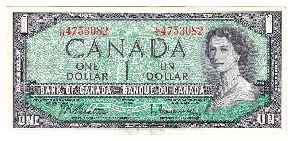 BC-37b 1954 Canada $1 Beattie-Rasminsky, L/N, Almost Uncirculated (AU50)