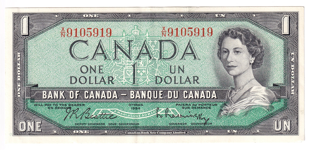 BC-37b 1954 Canada $1 Beattie-Rasminsky, X/N, EF-AU (EF45)
