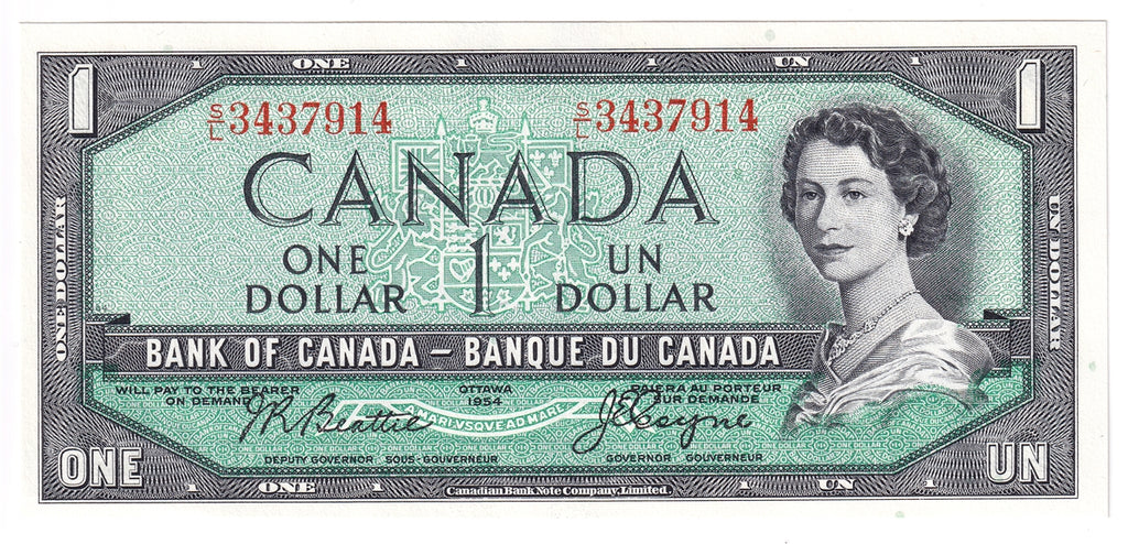 BC-37a 1954 Canada $1 Beattie-Coyne, S/L, AU-UNC (AU55)