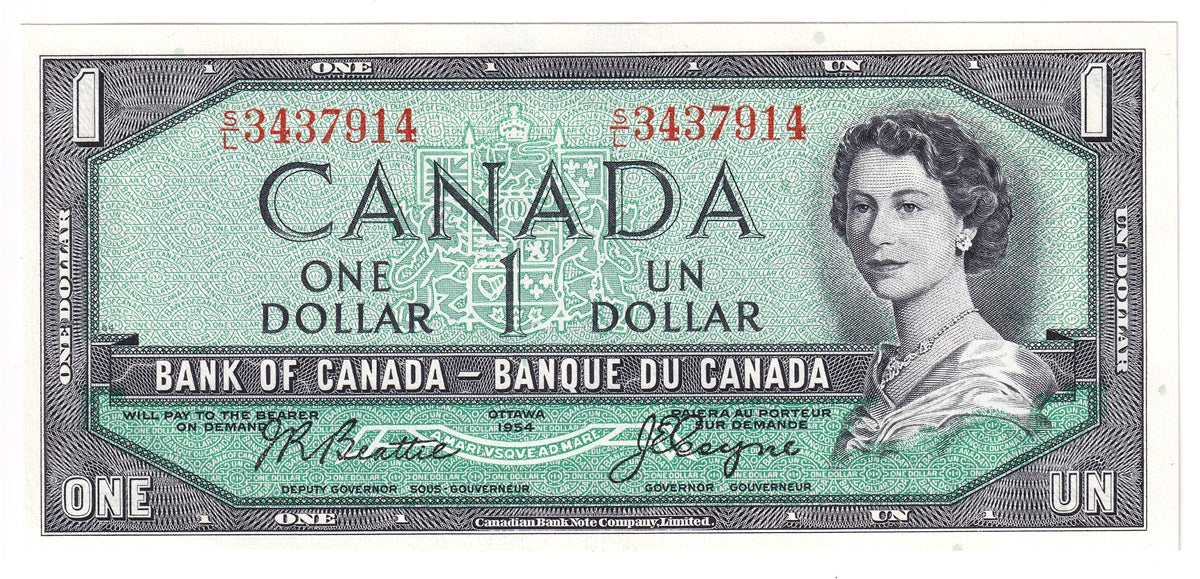BC-37a 1954 Canada $1 Beattie-Coyne, S/L, AU-UNC (AU55)