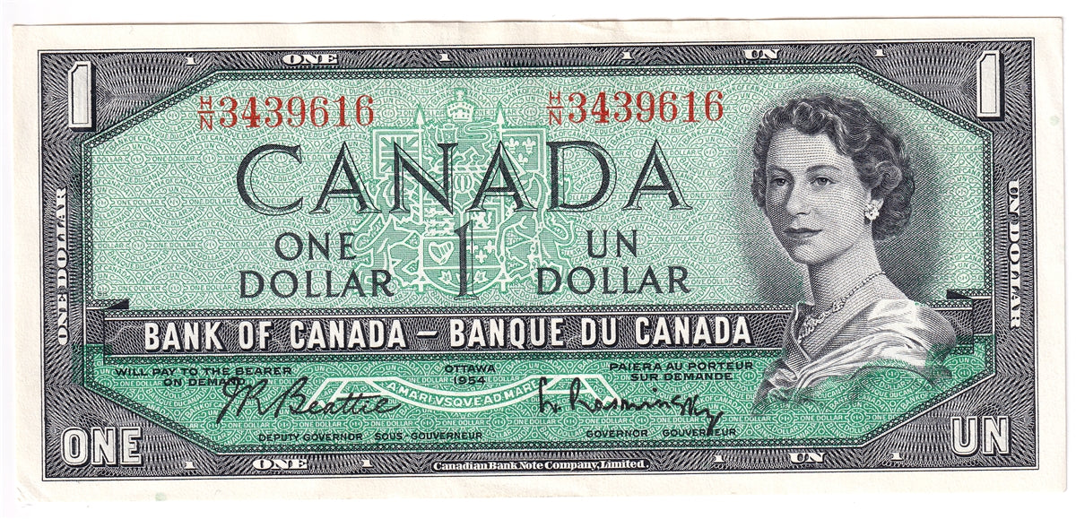 BC-37b 1954 Canada $1 Beattie-Rasminsky, H/N, EF-AU (EF45)