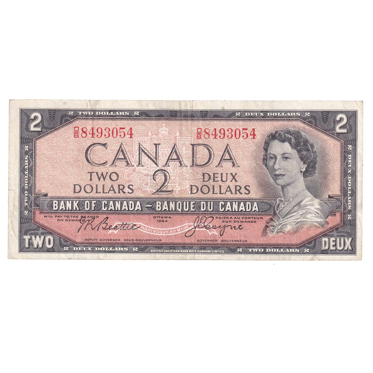 BC-38a 1954 Canada $2 Beattie-Coyne, O/B, Very Fine (VF20)