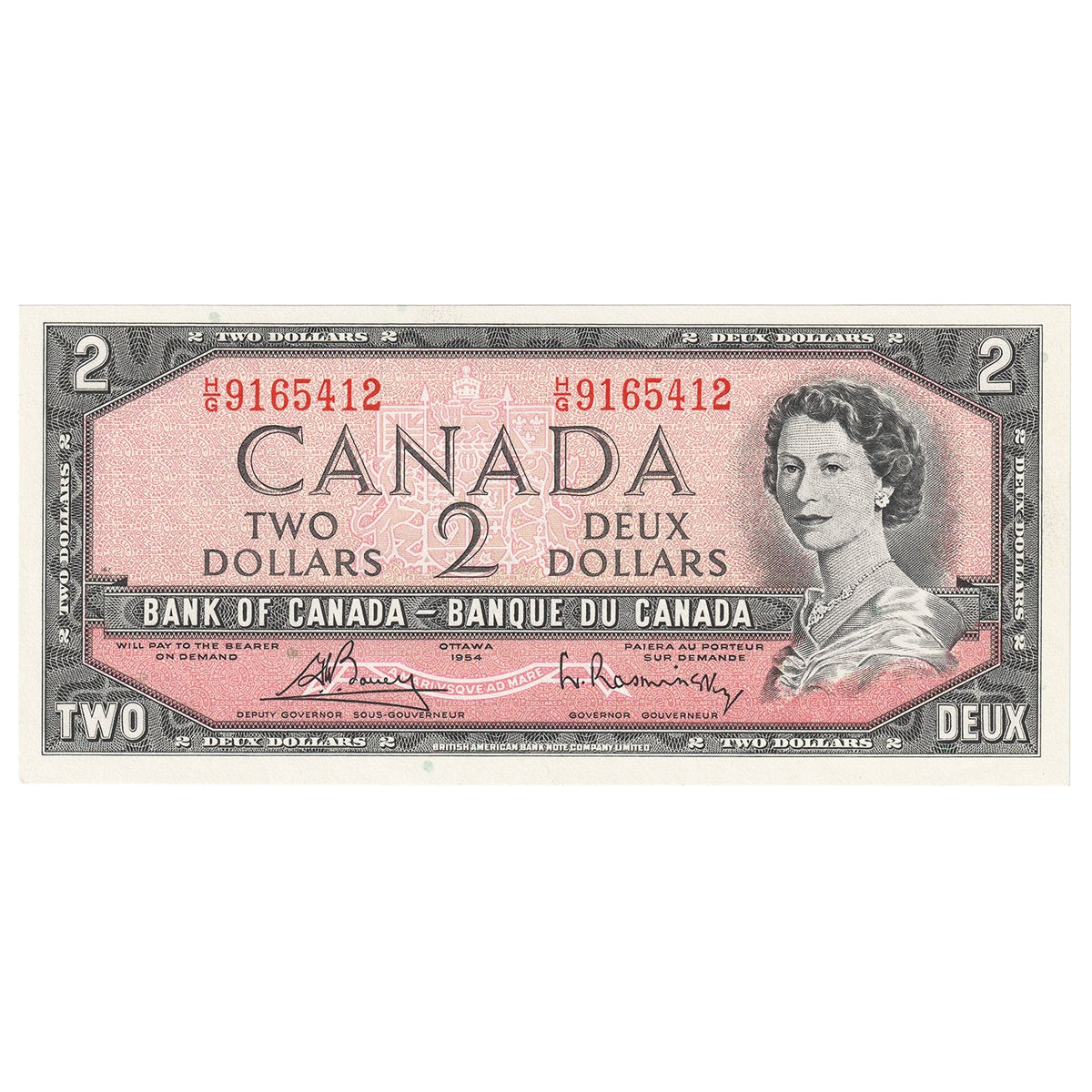 BC-38c 1954 Canada $2 Bouey-Rasminsky, H/G, AU-UNC (AU55)