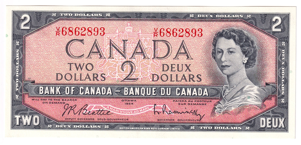BC-38b 1954 Canada $2 Beattie-Rasminsky, V/R, Choice Uncirculated (CUNC63)