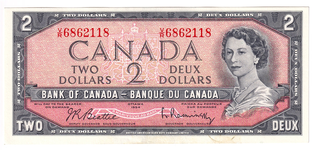 BC-38b 1954 Canada $2 Beattie-Rasminsky, V/R, AU-UNC (AU55)