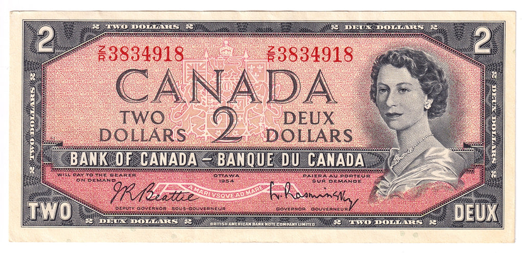 BC-38b 1954 Canada $2 Beattie-Rasminsky, Z/R, EF-AU (EF45)
