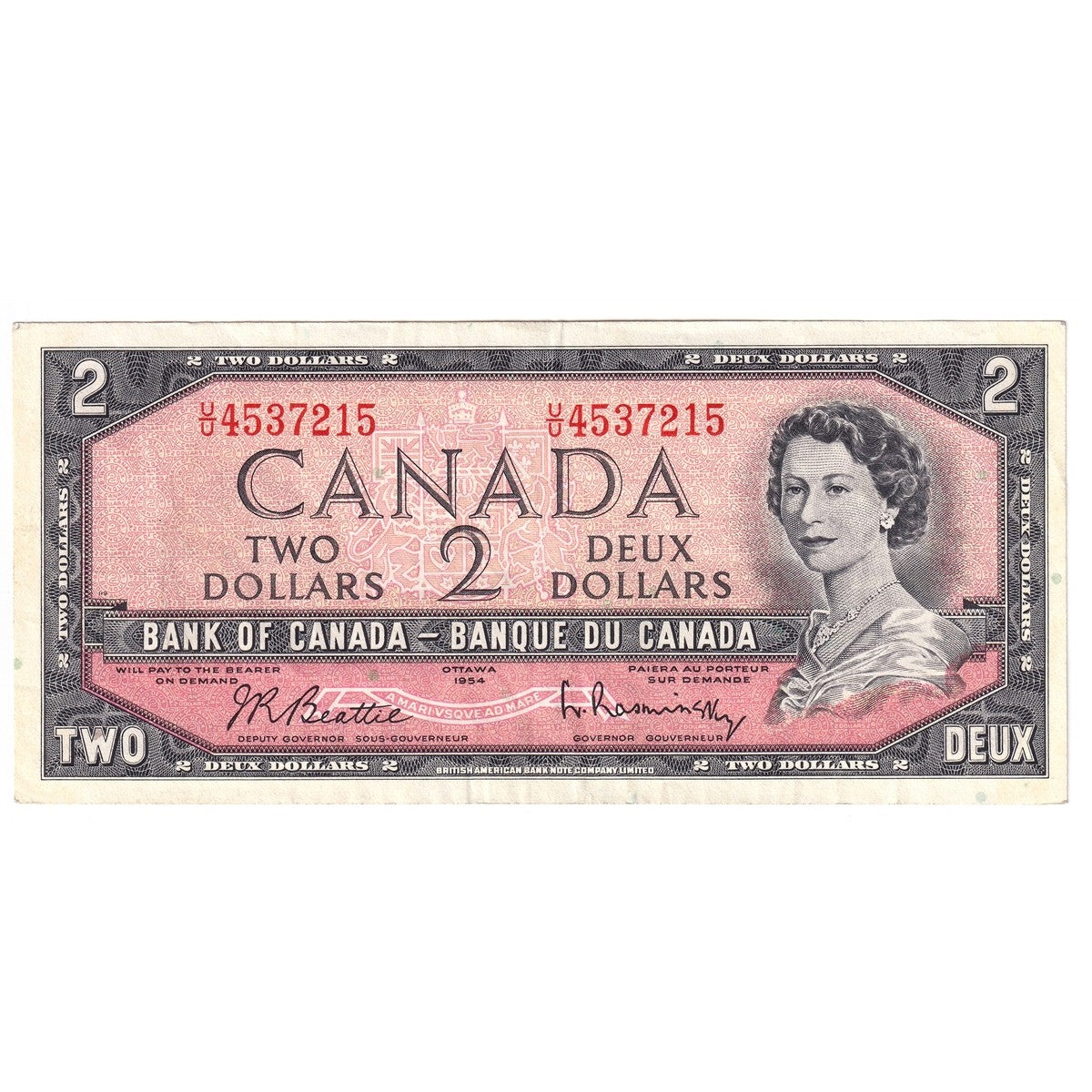 BC-38b 1954 Canada $2 Beattie-Rasminsky, U/U, EF