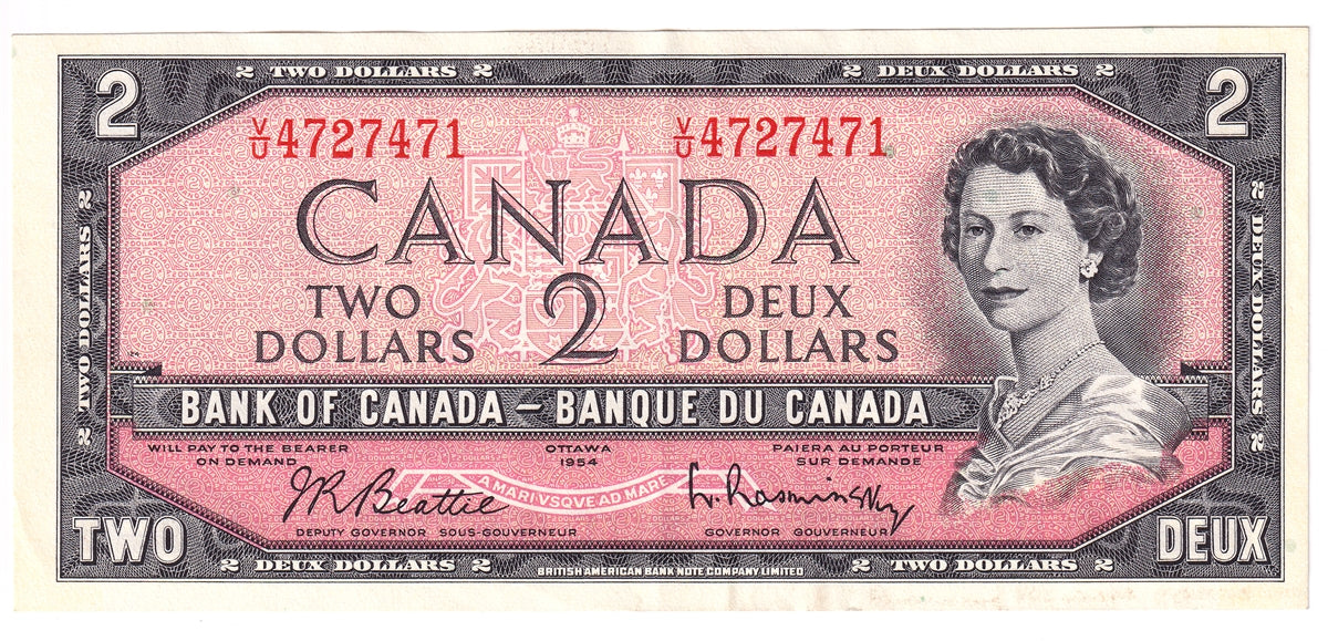 BC-38b 1954 Canada $2 Beattie-Rasminsky, V/U, EF-AU (EF45)