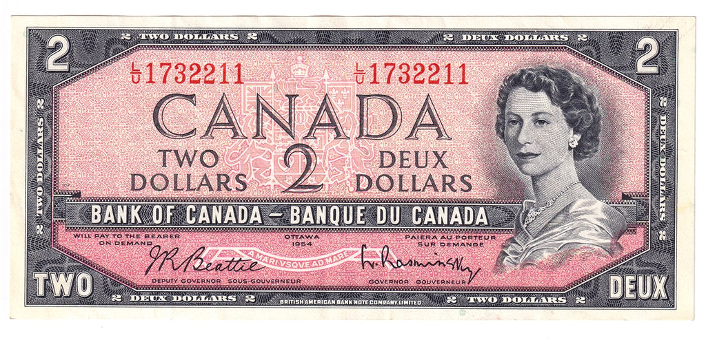 BC-38b 1954 Canada $2 Beattie-Rasminsky, L/U, Very Fine (VF20)